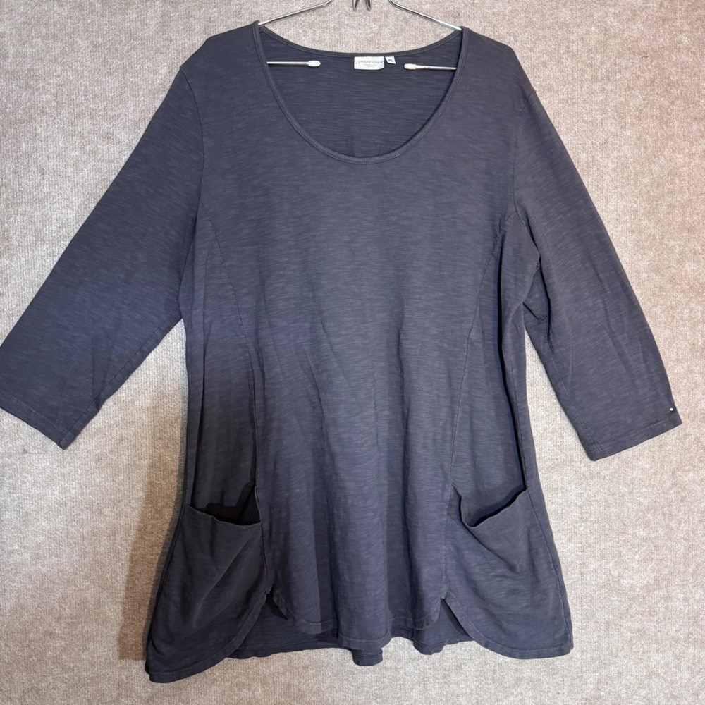 Prairie Cotton Tunic Top Women XL Gray 3/4 Sleeve Pocket Slub Knit Lagenlook